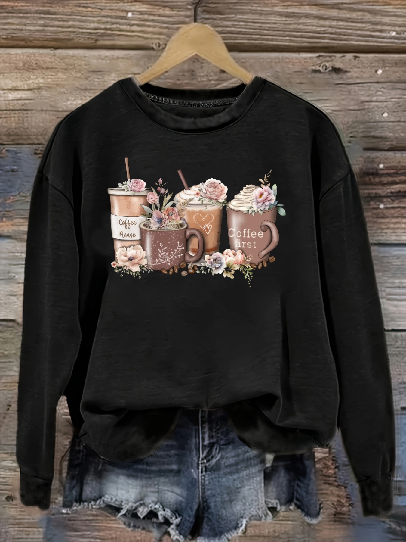 Coffee&Tea House Opinie - Kaos Wanita Lengan Panjang Kasual Kerah